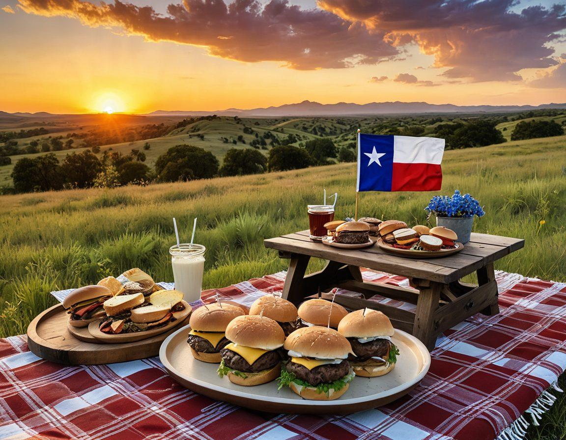 A picturesque Texas landscape at sunset, showcasing a rustic picnic table laden with beautifully crafted country-style burgers, garnished with fresh ingredients. Surrounding the table are wildflowers and an inviting cowboy hat resting atop a plaid blanket, with a backdrop of rolling hills and an iconic Texas flag fluttering in the breeze. The scene captures a sense of warmth and nostalgia, evoking the spirit of the Lone Star State. vibrant colors. super-realistic. warm lighting.