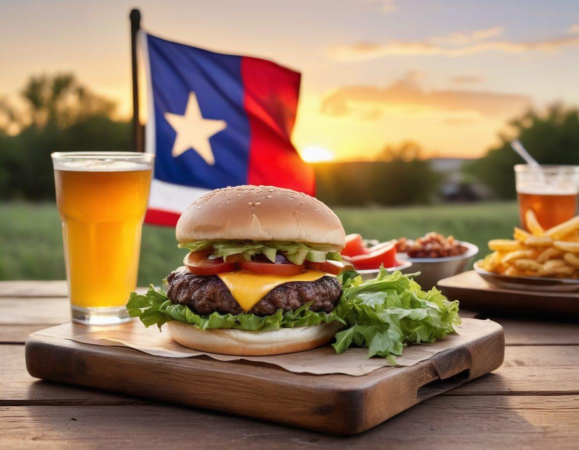 A rustic wooden table set outdoors under a warm sunset, featuring a mouthwatering Texan country-style burger stacked high with fresh toppings, accompanied by crispy fries and a cold beverage. Add a subtle Texas flag in the background and a hint of greenery with wildflowers to enhance the local charm. super-realistic. warm colors. outdoor setting.
