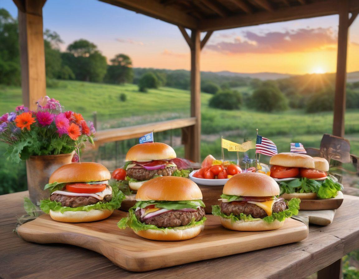A rustic wooden table adorned with delicious, mouth-watering country-style burgers topped with fresh ingredients, surrounded by wildflowers and Texas-themed decorations. A picturesque Texas landscape in the background, featuring rolling hills and a vibrant sunset. The atmosphere evokes comfort and charm. super-realistic. vibrant colors. natural lighting.